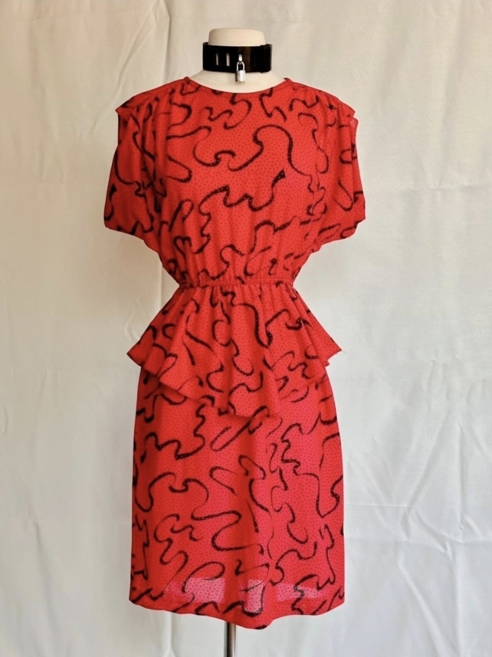 1980s Red Printed Peplum Waist Dress